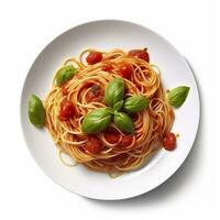 Delicious Plate of Spaghetti with Tomato Sauce on a White Background Generative AI photo