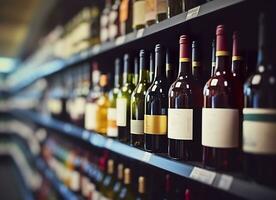 resumen difuminar vino botellas en espíritu alcohol estantería en supermercado Tienda antecedentes. generativo ai foto