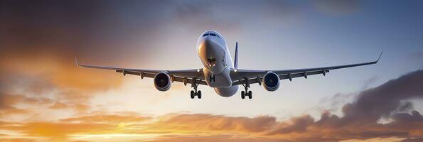 comercial avión volador encima dramático nubes durante puesta de sol. generativo ai foto