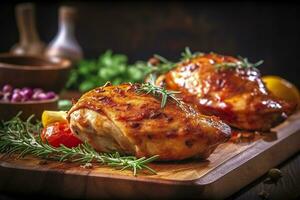 Closeup of tasty roast chicken breast served on wooden board. Grilled chicken. Generative AI photo