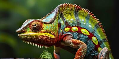 A colorful close up chameleon with a high crest on its head. Generative AI photo