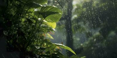 Rain falls in a rainforest with the rain drops. Generative AI photo