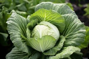 Cabbage growing in an urban garden. Cabbage leaves and head close up. Generative AI photo