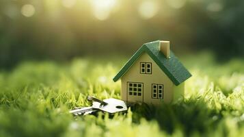 Copy space of home. Small model home on green grass with sunlight. AI Generative photo