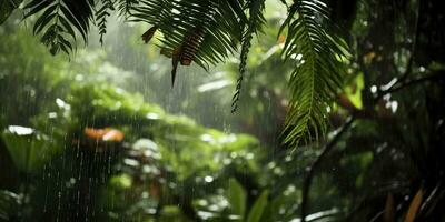 Rain falls in a rainforest with the rain drops. Generative AI photo