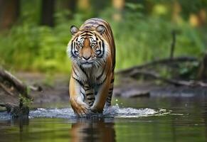 Amur tiger walking in the water. Dangerous animal.  Animal in a green forest stream. Generative AI photo