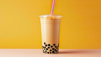 A bubble tea in a plastic cup. Generative AI photo