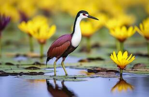 Colorful African wader with long toes next to violet water lily in water. Generative AI photo