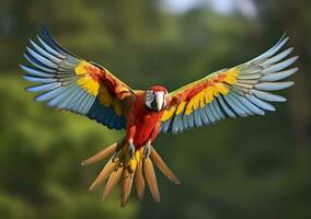 Flying macaw, beautiful bird. Generative AI photo