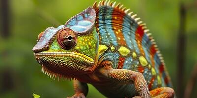 A colorful close up chameleon with a high crest on its head. Generative AI photo