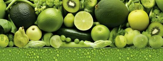 Banner layout of green fruits and vegetables. Generative AI. photo