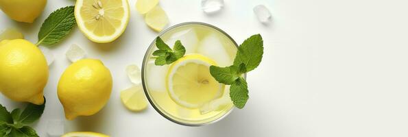 Lemonade in a glass with fresh lemons and mint. Cold summer drink with copy space. Generative AI photo