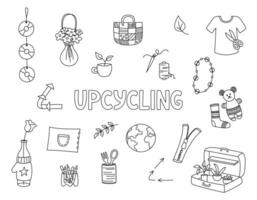 Upcycling doodles set. Vector hand drawn clipart illustrations. Upcycle black elements on white background. Sustainable living and environmental protection concept