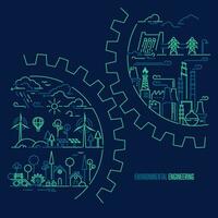 concept of environmental engineering or green energy, graphic of cog wheel with ecology system scene inside vector