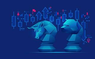 concept of stock market business stategy, graphic of bull chess piece and bear chess piece with stock market element vector