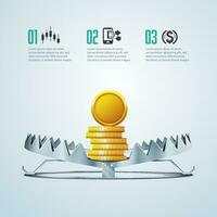 concept of business risk or business trap, graphic of sharp iron trap with golden coin as a bait vector