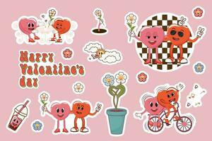 Set of stickers in the style of vintage 80s and 90s. Happy Valentine's Day. Retro characters in groovy animation style. Disco with romantic atmosphere. Trendy retro style of the 90's. Y2K. vector