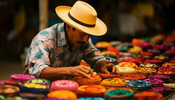 un antiguo hombre en un sombrero es trabajando en un cuerda de hilo ai generado foto