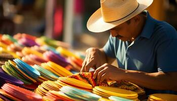 un antiguo hombre en un sombrero es trabajando en un cuerda de hilo ai generado foto