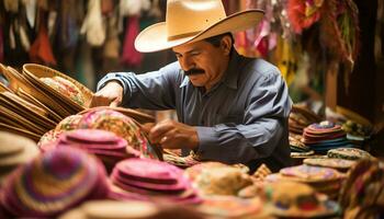 an old man in a hat is working on a string of yarn Ai Generated photo