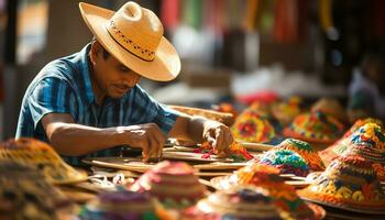 an old man in a hat is working on a string of yarn Ai Generated photo