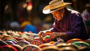 an old man in a hat is working on a string of yarn Ai Generated photo