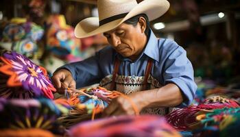 un antiguo hombre en un sombrero es trabajando en un cuerda de hilo ai generado foto