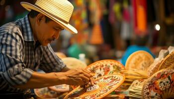 an old man in a hat is working on a string of yarn Ai Generated photo