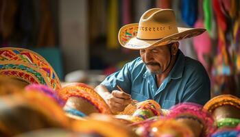 un antiguo hombre en un sombrero es trabajando en un cuerda de hilo ai generado foto