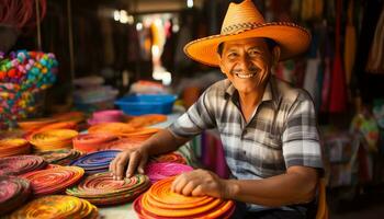 an old man in a hat is working on a string of yarn Ai Generated photo