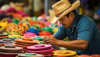 un antiguo hombre en un sombrero es trabajando en un cuerda de hilo ai generado foto