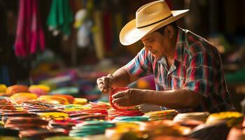 an old man in a hat is working on a string of yarn Ai Generated photo