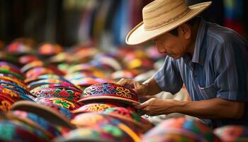 un antiguo hombre en un sombrero es trabajando en un cuerda de hilo ai generado foto