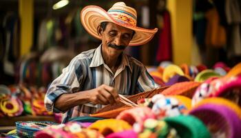 an old man in a hat is working on a string of yarn Ai Generated photo