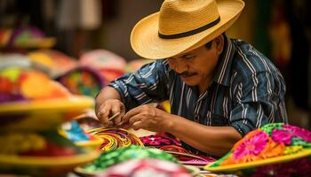 un antiguo hombre en un sombrero es trabajando en un cuerda de hilo ai generado foto