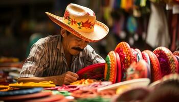 un antiguo hombre en un sombrero es trabajando en un cuerda de hilo ai generado foto