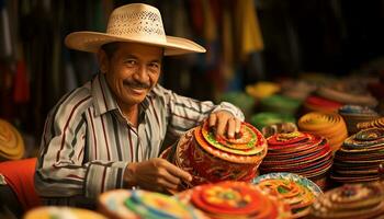 an old man in a hat is working on a string of yarn Ai Generated photo