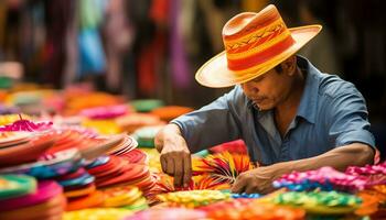 an old man in a hat is working on a string of yarn Ai Generated photo