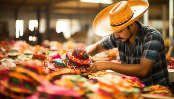 un antiguo hombre en un sombrero es trabajando en un cuerda de hilo ai generado foto