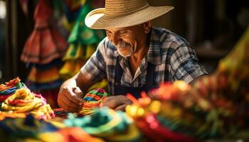 an old man in a hat is working on a string of yarn Ai Generated photo
