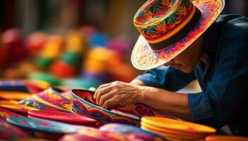 an old man in a hat is working on a string of yarn Ai Generated photo