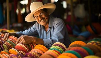 un hombre en un vistoso sombrero es trabajando en un sombrero ai generado foto