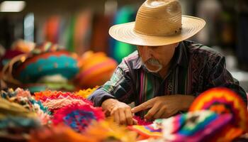 un hombre en un vistoso sombrero es trabajando en un sombrero ai generado foto