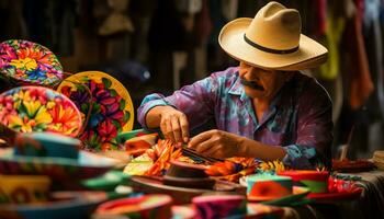 un hombre en un vistoso sombrero es trabajando en un sombrero ai generado foto