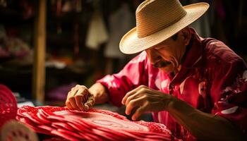 a man in a colorful hat is working on a hat Ai Generated photo