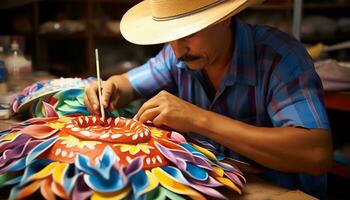 un hombre en un vistoso sombrero es trabajando en un sombrero ai generado foto