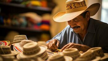 un hombre en un vistoso sombrero es trabajando en un sombrero ai generado foto