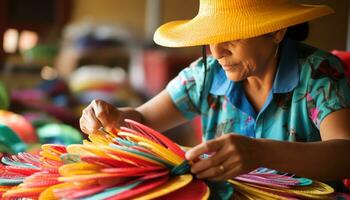 an old man in a hat is working on a string of yarn Ai Generated photo