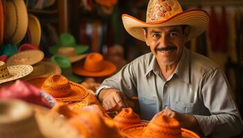 un hombre en un vistoso sombrero es trabajando en un sombrero ai generado foto