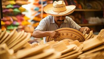 un hombre en un vistoso sombrero es trabajando en un sombrero ai generado foto